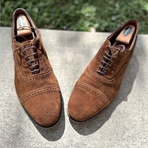 Allen Edmonds Strand shoes, brown suede, US size 10.5 EEE brogued oxfords.
